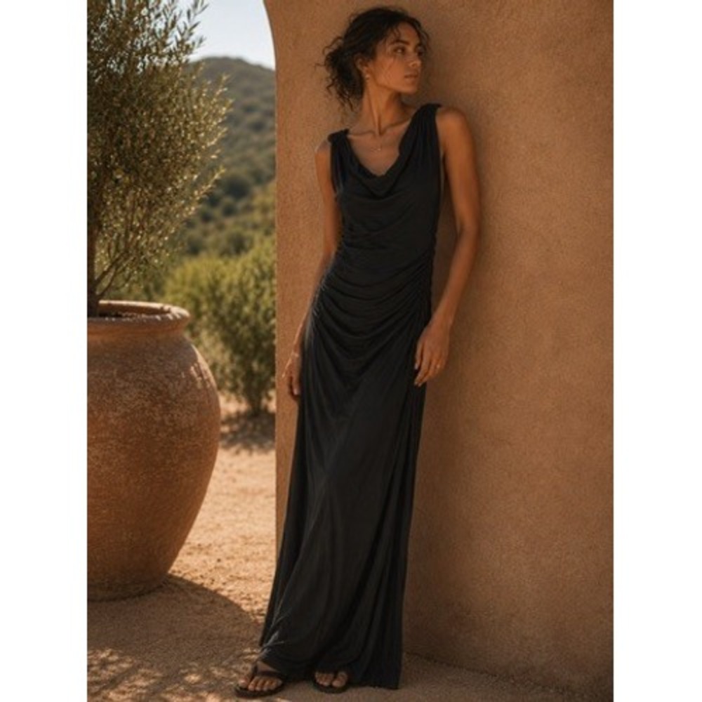 For Love & Lemons Black Bamboo Ruched Cowl Neck Maxi Dress XS Sleeveless NEW